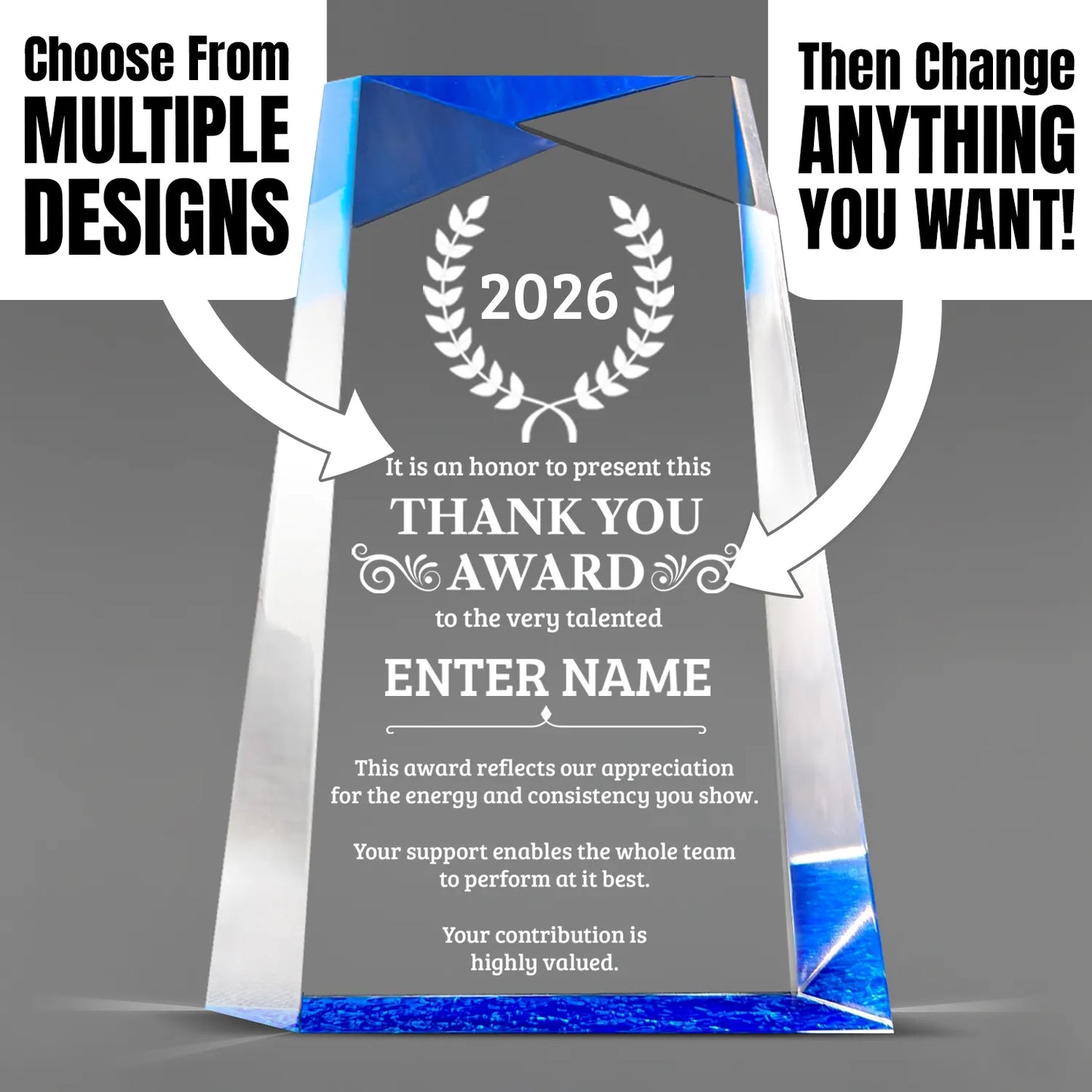 Thank You Awards - Blue Facet Wedge Awards - Personalize Online - Choose From 5 Designs