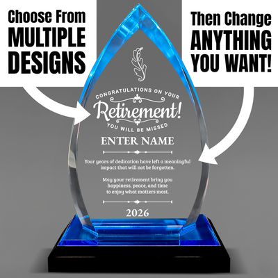 Retirement Awards - Acrylic Blue Oval Award - Personalize Online - Choose From 5 Designs