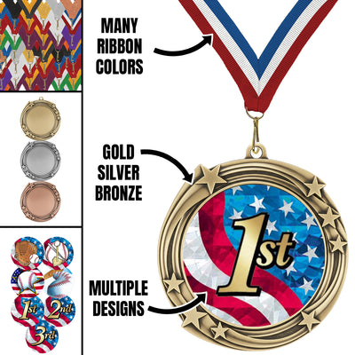 2.75" Swirling Star Baseball Medal– Gold, Silver & Bronze with 30 Ribbon Options