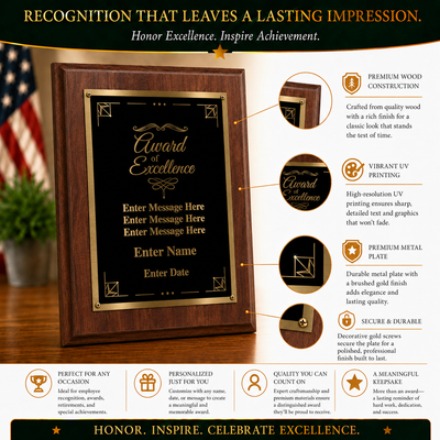 Award of Excellence Classic Plaque With Gold Plate - 4 Frame Colors