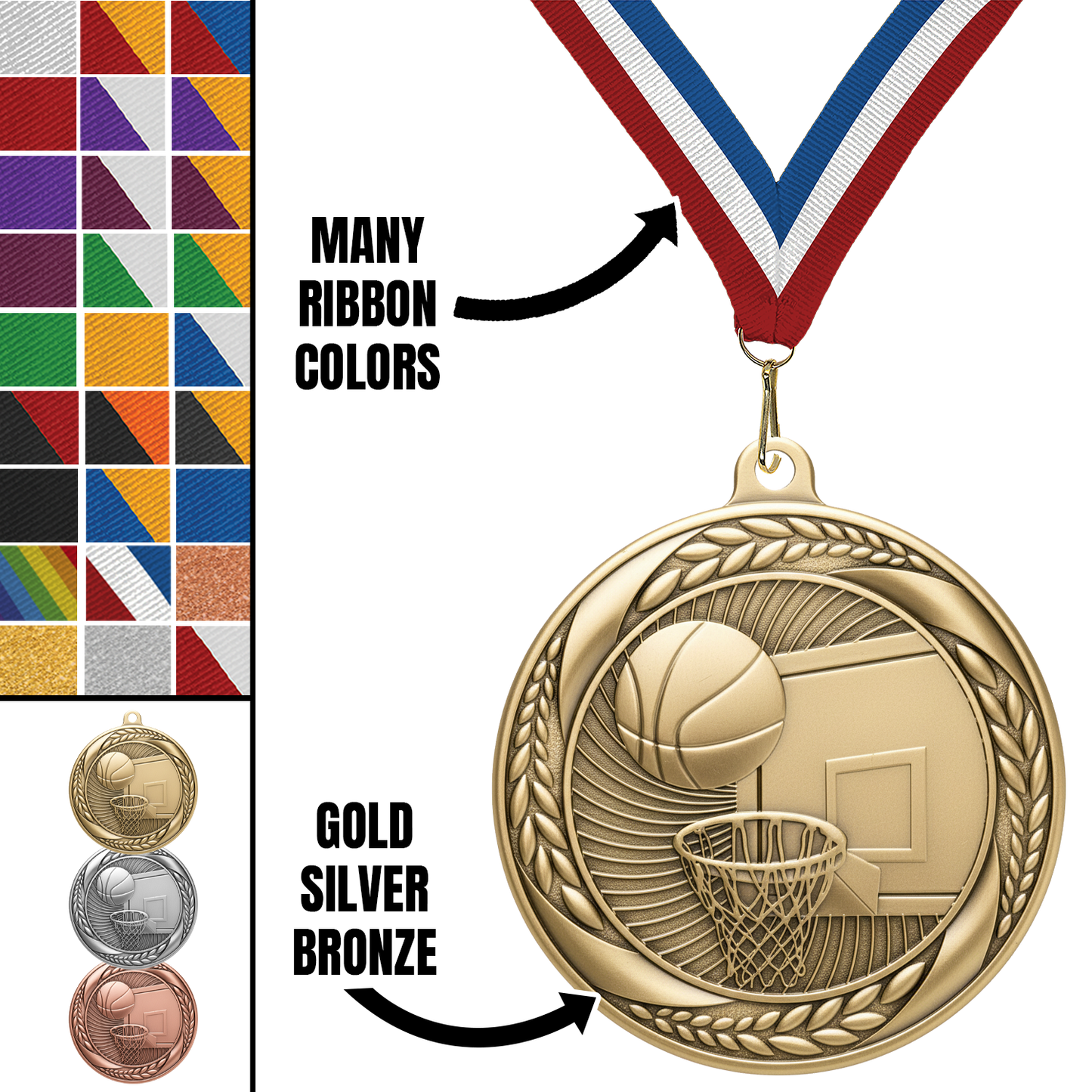 2.25" Laurel Wreath Basketball Medal – Gold, Silver & Bronze with 30 Ribbon Options