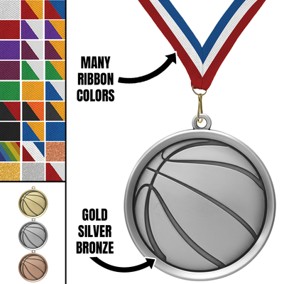 2.25" Basketball Mega Medal – Gold, Silver & Bronze with 30 Ribbon Options