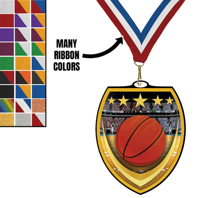 3 1/4" VSM Basketball Medal – Gold, Silver & Bronze with 30 Ribbon Options
