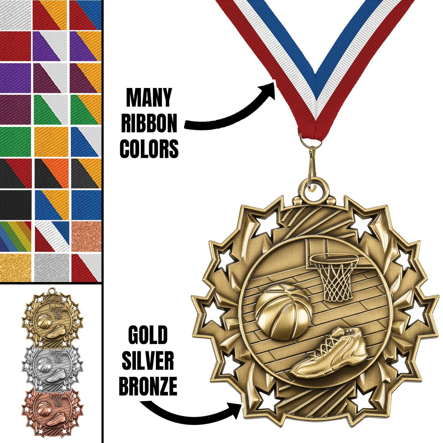 2.25" 10 Star Basketball Medal – Gold, Silver & Bronze with 30 Ribbon Options