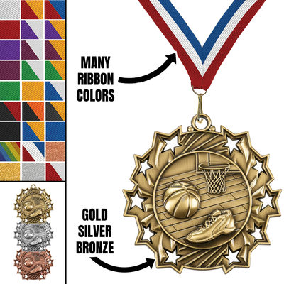 2.25" 10 Star Basketball Medal – Gold, Silver & Bronze with 30 Ribbon Options