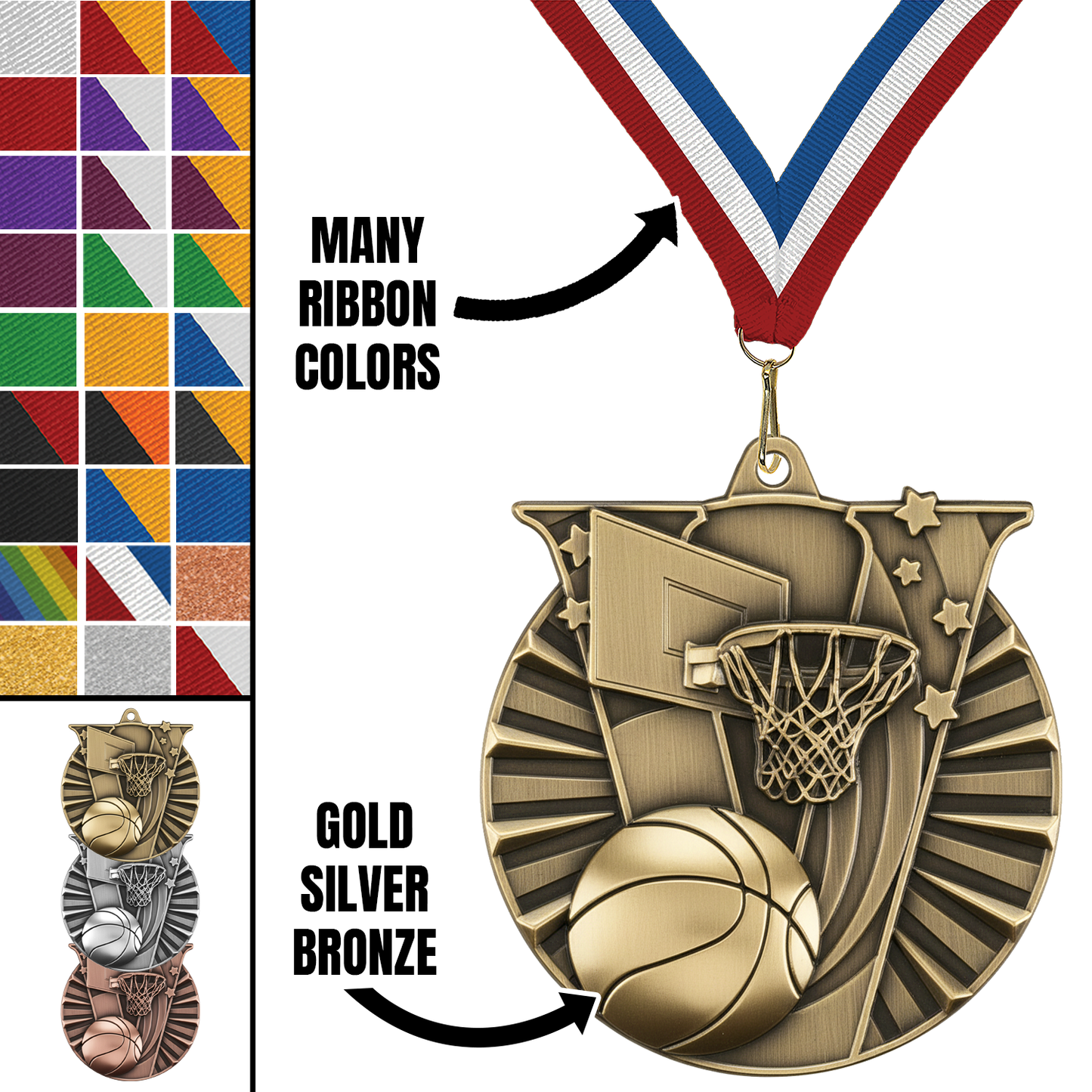 2" Victory Basketball Medal – Gold, Silver & Bronze with Custom Ribbons in 30 Colors