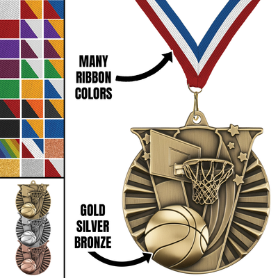 2" Victory Basketball Medal – Gold, Silver & Bronze with Custom Ribbons in 30 Colors