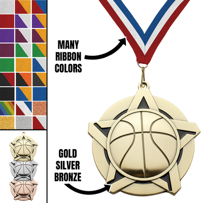 2.25" Basketball Star Medal – Gold, Silver & Bronze with 30 Ribbon Options