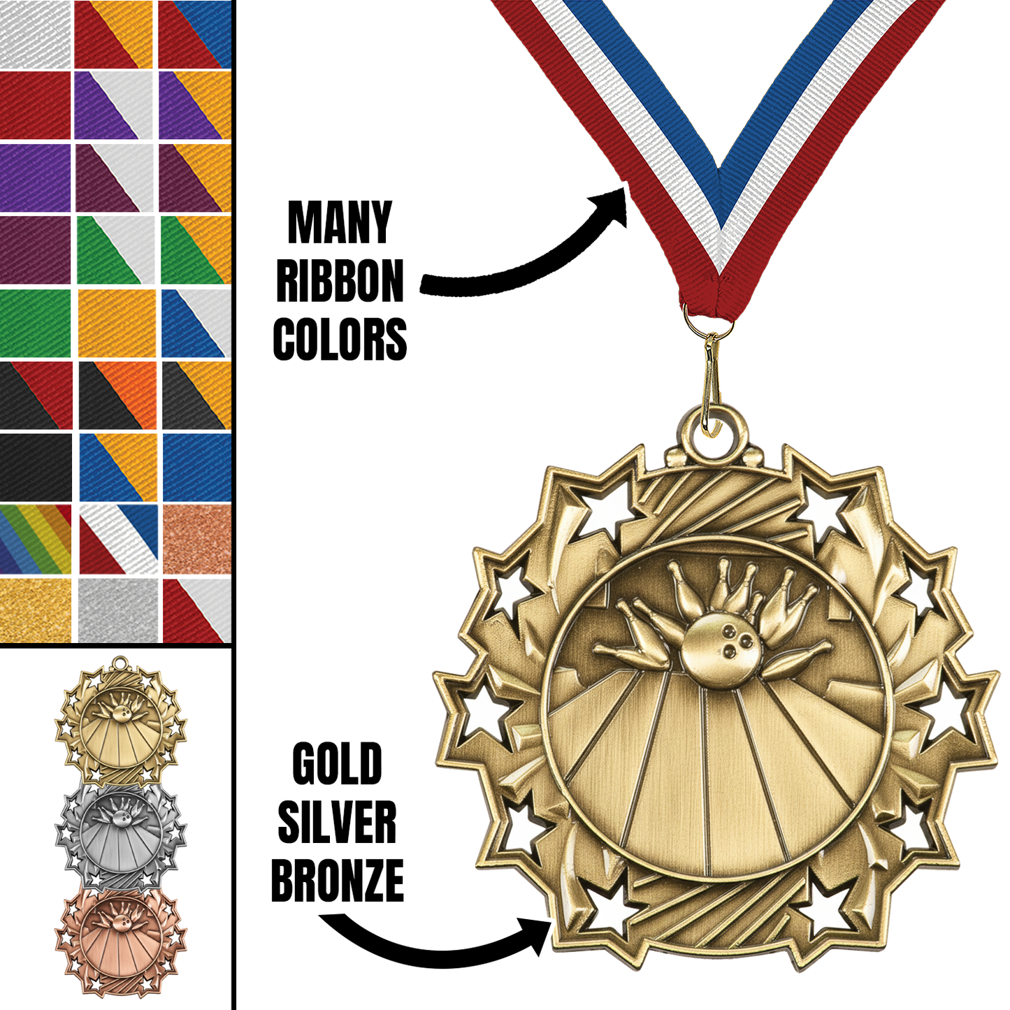 2.25" 10 Star Bowling Medal – Gold, Silver & Bronze with 30 Ribbon Options