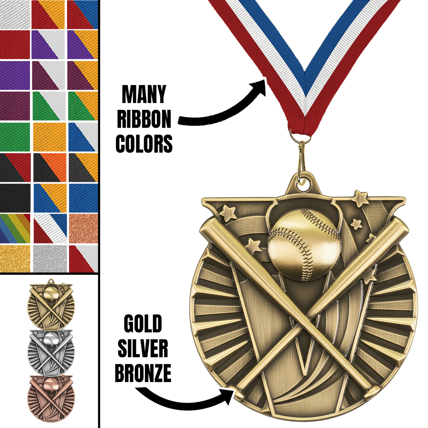 2" Victory Baseball Medal – Gold, Silver & Bronze with Custom Ribbons in 30 Colors