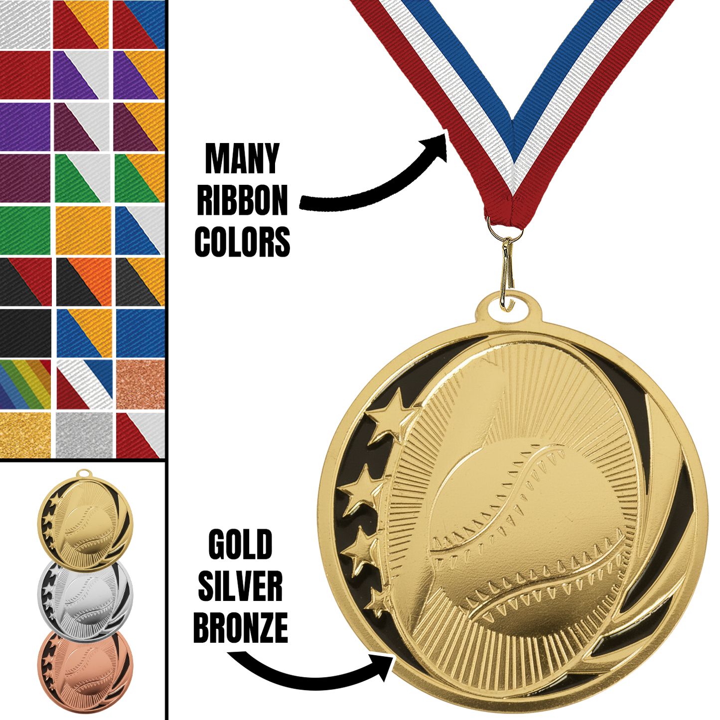 MidNite Star Baseball Medal – Gold, Silver & Bronze with 40 Ribbon Options