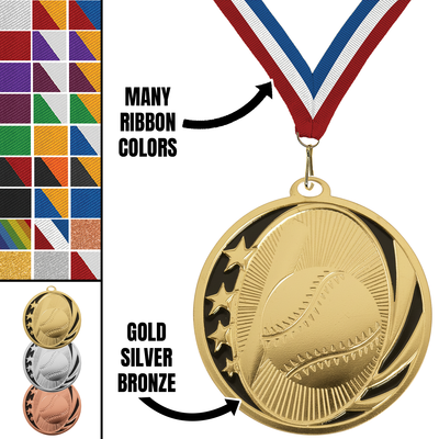 MidNite Star Baseball Medal – Gold, Silver & Bronze with 40 Ribbon Options