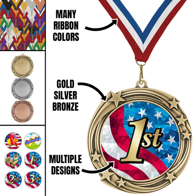 2.75" Swirling Star Cheerleading Medal– Gold, Silver & Bronze with 30 Ribbon Options
