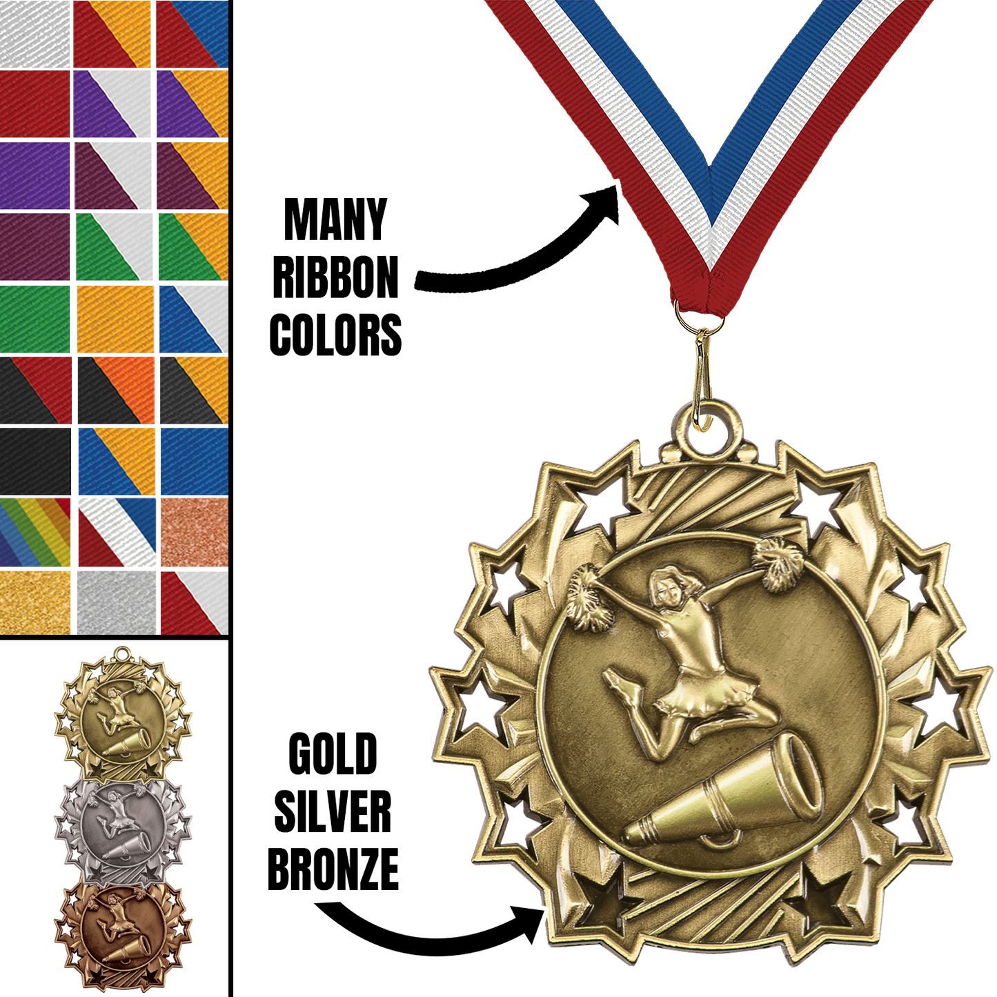 2.25" 10 Star Cheerleading Medal – Gold, Silver & Bronze with 30 Ribbon Options