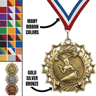 2.25" 10 Star Cheerleading Medal – Gold, Silver & Bronze with 30 Ribbon Options