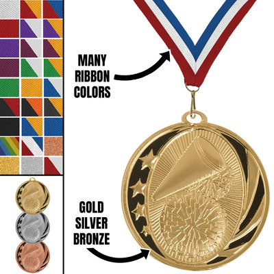 MidNite Star Cheerleading Medal – Gold, Silver & Bronze with 40 Ribbon Options