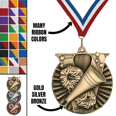 2" Victory Cheerleading Medal – Gold, Silver & Bronze with Custom Ribbons in 30 Colors