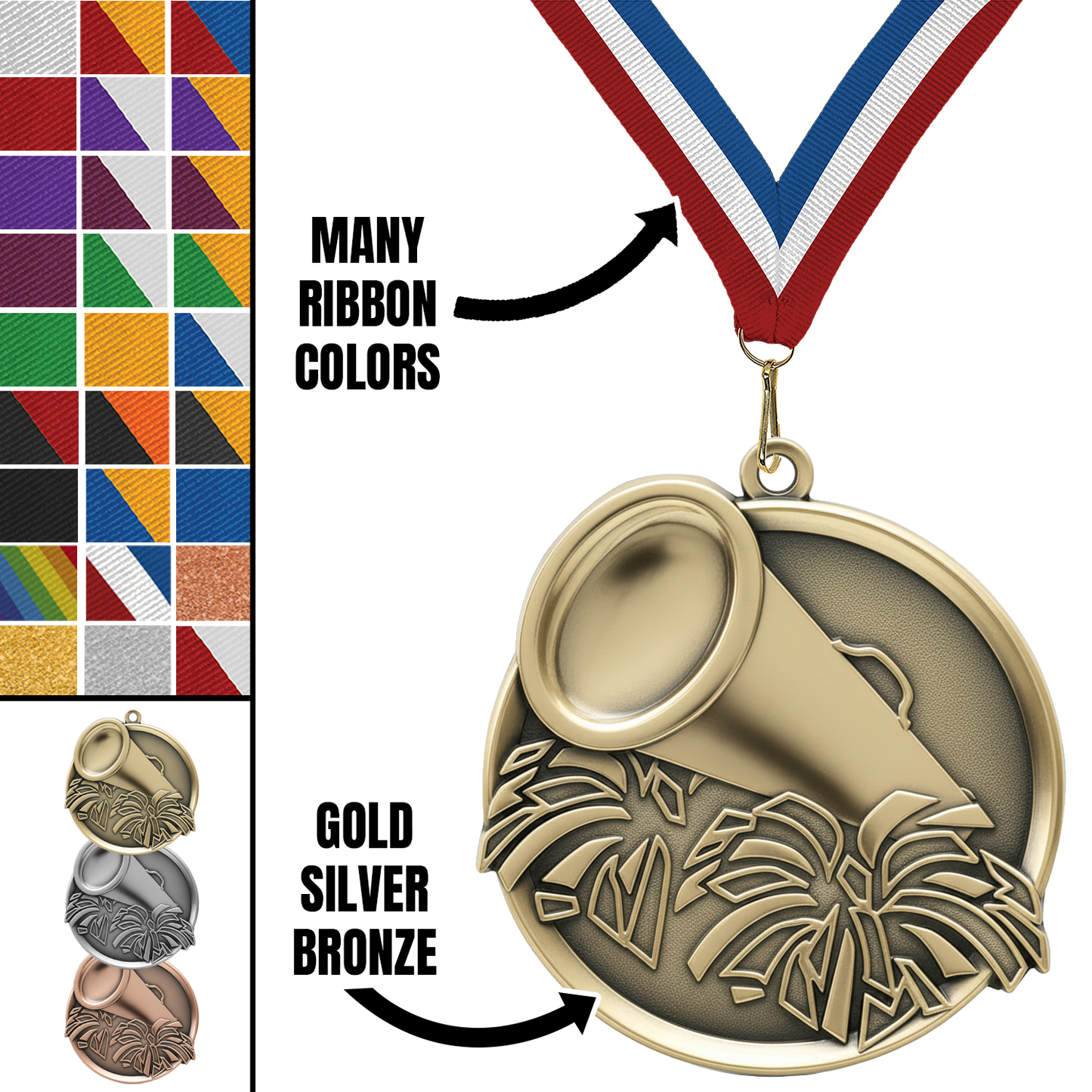 2.25" Cheerleading Mega Medal – Gold, Silver & Bronze with 30 Ribbon Options