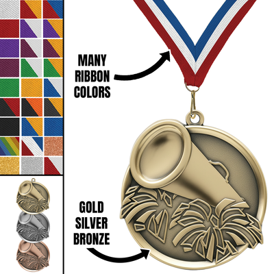 2.25" Cheerleading Mega Medal – Gold, Silver & Bronze with 30 Ribbon Options