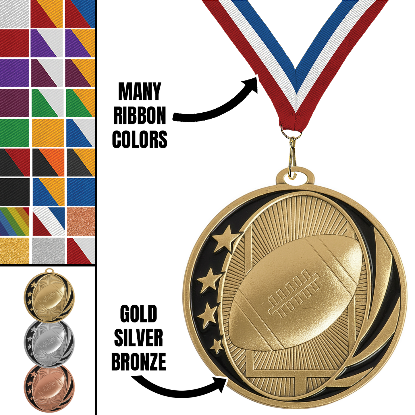 MidNite Star Football Medal – Gold, Silver & Bronze with 40 Ribbon Options