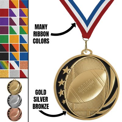 MidNite Star Football Medal – Gold, Silver & Bronze with 40 Ribbon Options