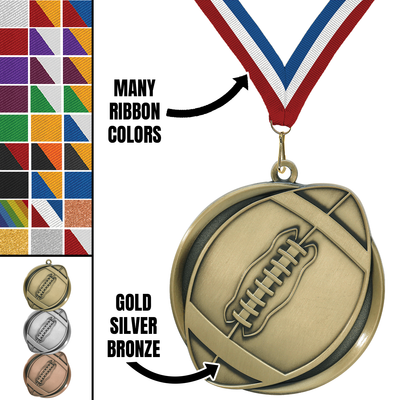 2.25" Football Mega Medal – Gold, Silver & Bronze with 30 Ribbon Options