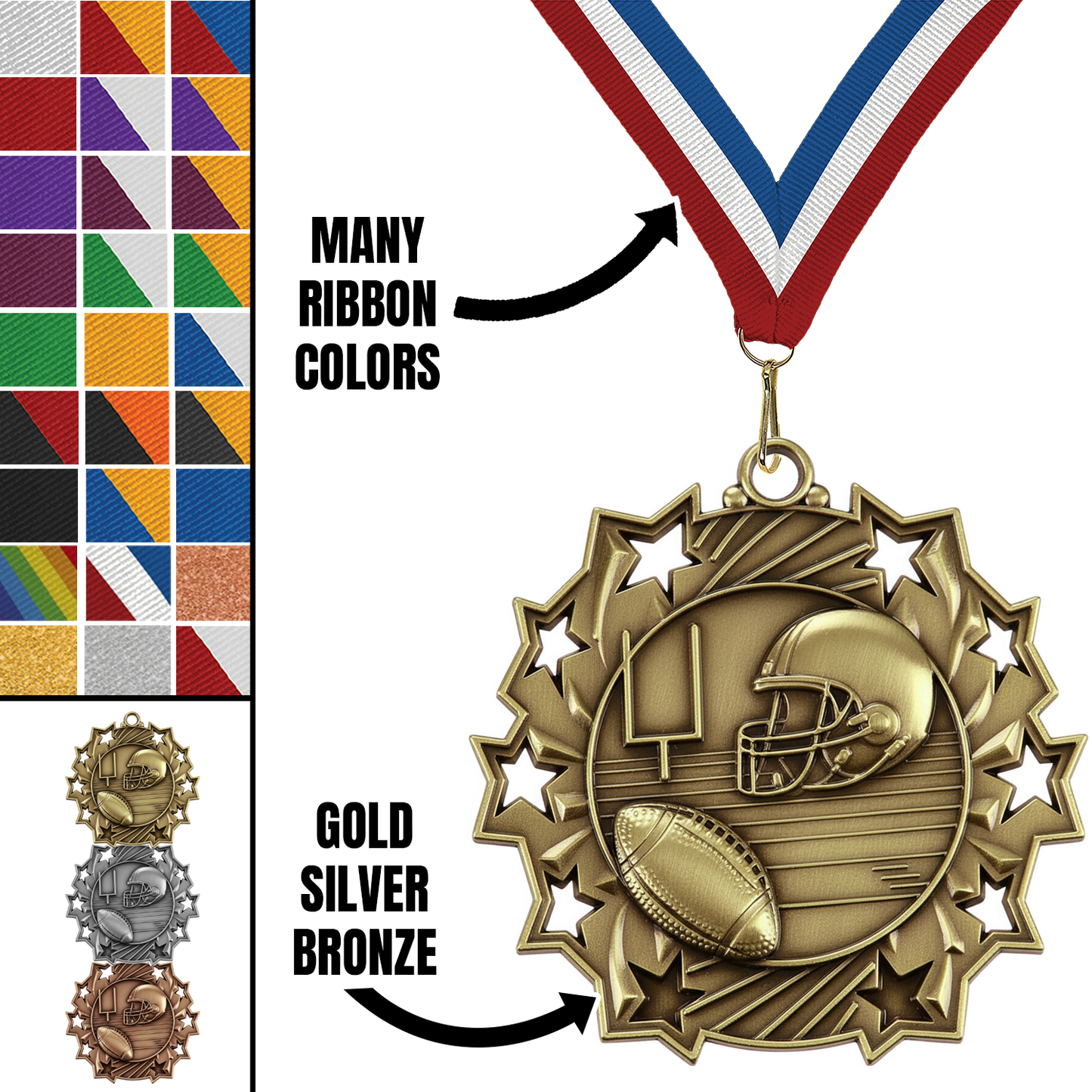 2.25" 10 Star Football Medal – Gold, Silver & Bronze with 30 Ribbon Options
