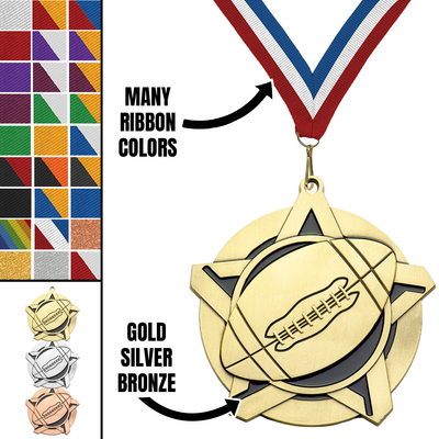 2.25" Football Star Medal – Gold, Silver & Bronze with 30 Ribbon Options