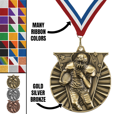 2" Victory Football Medal – Gold, Silver & Bronze with Custom Ribbons in 30 Colors