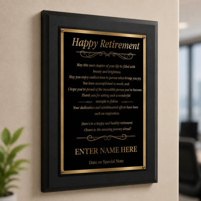 Happy Retirement Classic Plaque - 4 Frame Colors - Silver & Gold Plate Options
