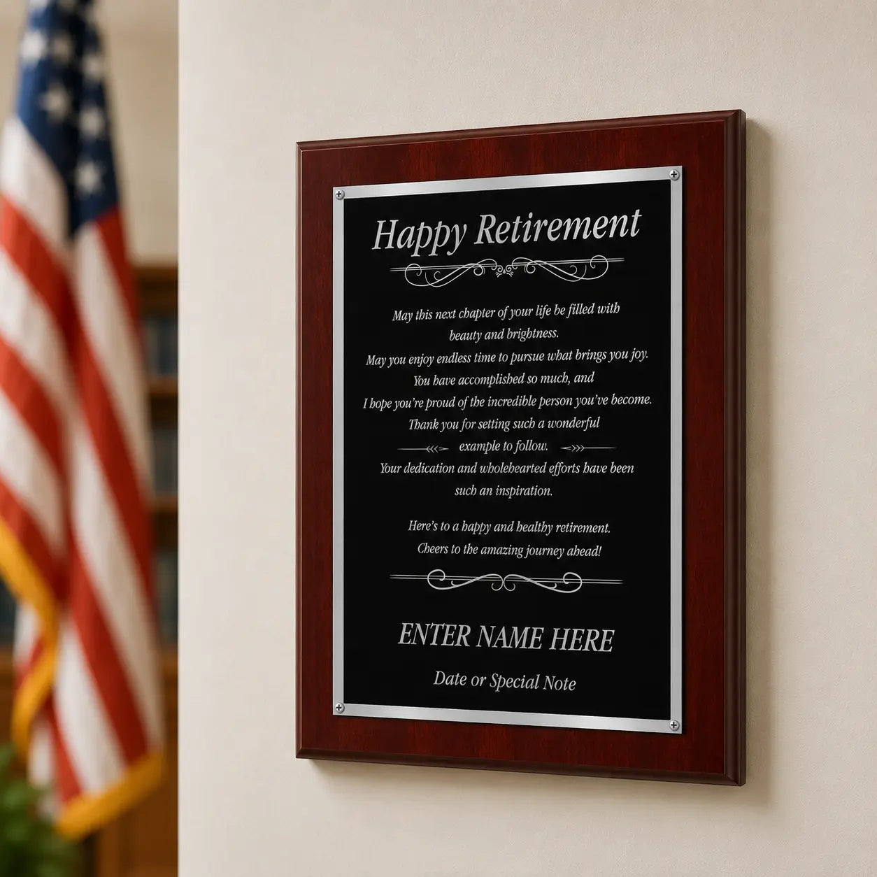 Happy Retirement Classic Plaque - 4 Frame Colors - Silver & Gold Plate Options