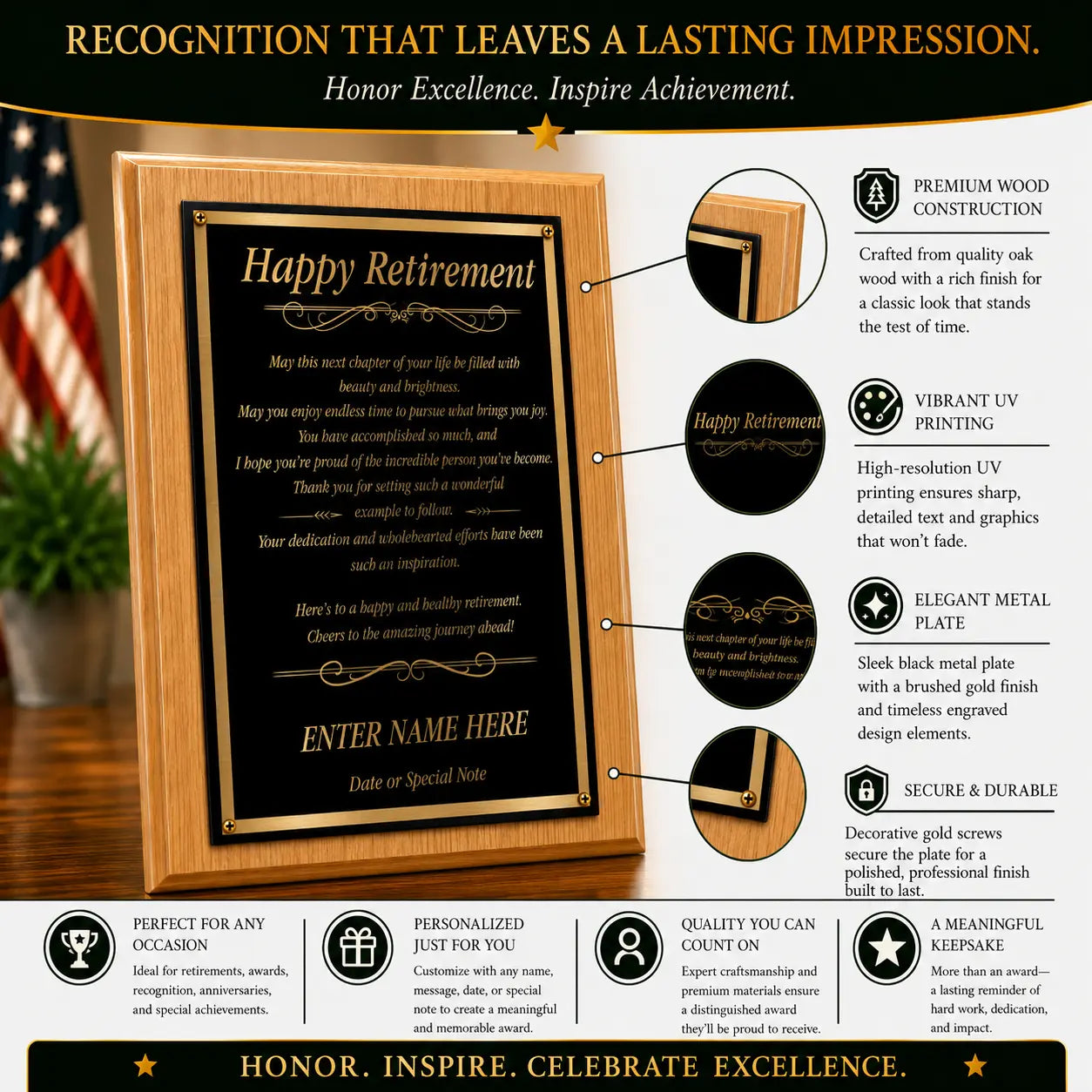 Happy Retirement Classic Plaque - 4 Frame Colors - Silver & Gold Plate Options