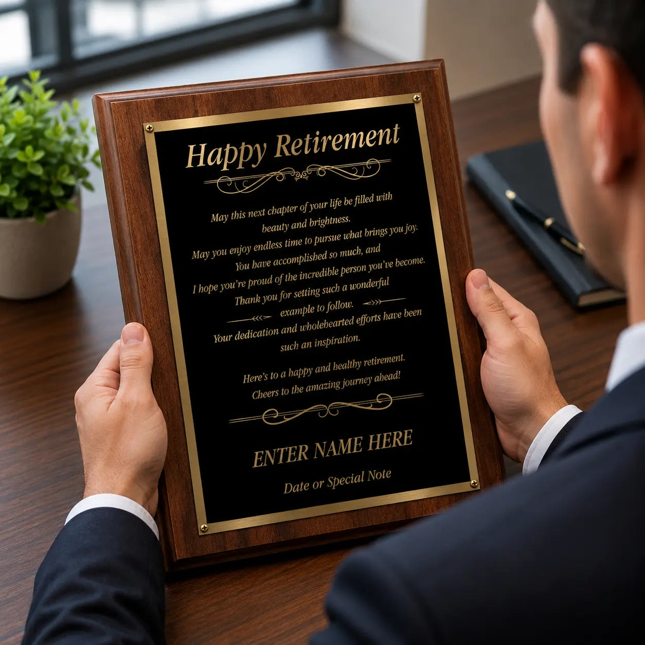 Happy Retirement Classic Plaque - 4 Frame Colors - Silver & Gold Plate Options