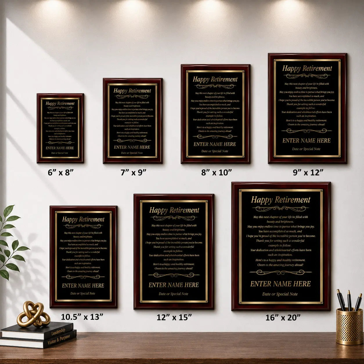 Happy Retirement Classic Plaque - 4 Frame Colors - Silver & Gold Plate Options