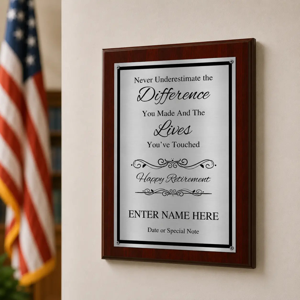 Never Underestimate the Difference You Made Classic Retirement Plaque - 4 Frame Colors - Brushed Silver & Gold Plate Options