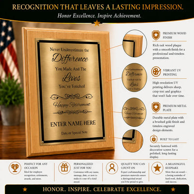 Never Underestimate the Difference You Made Classic Retirement Plaque - 4 Frame Colors - Brushed Silver & Gold Plate Options