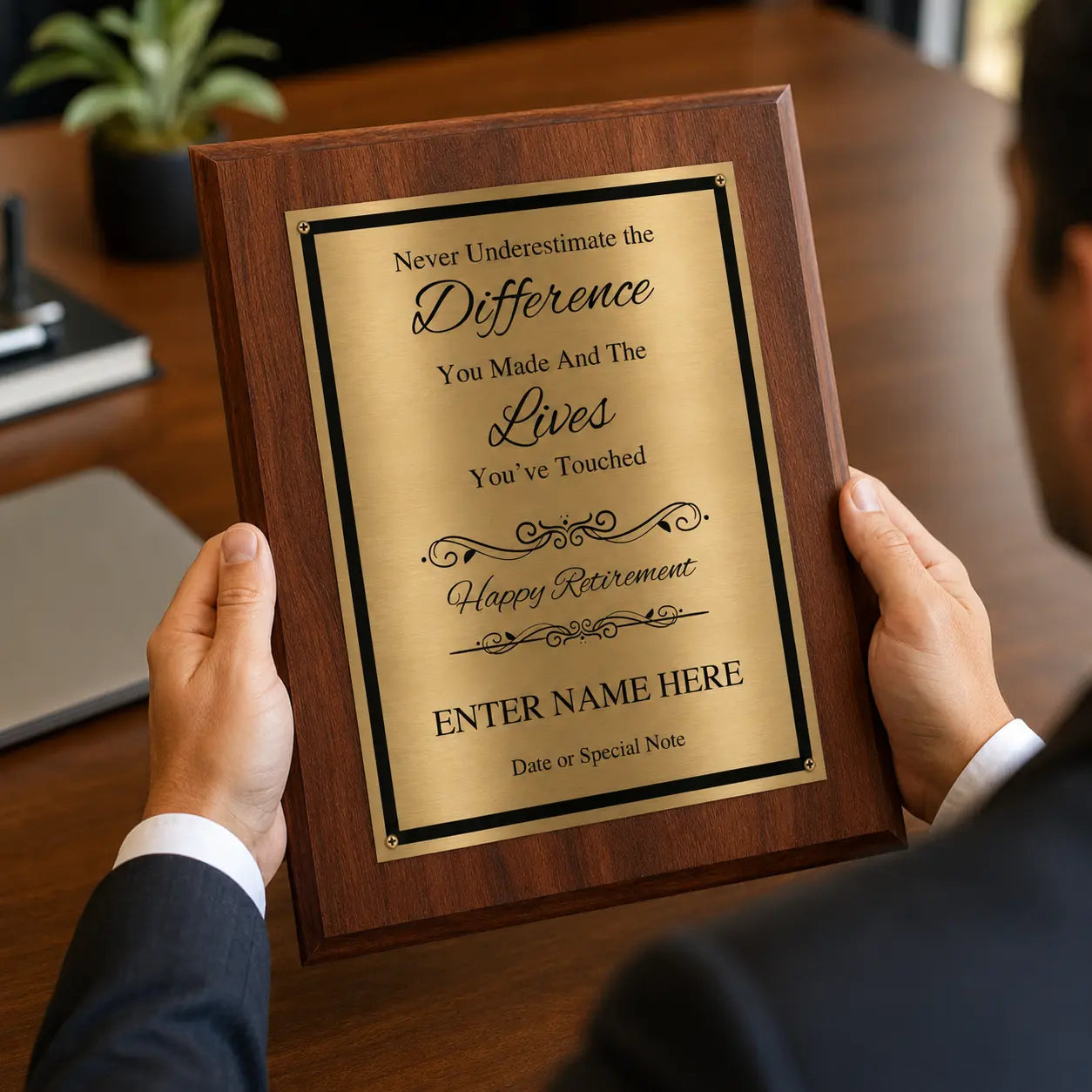 Never Underestimate the Difference You Made Classic Retirement Plaque - 4 Frame Colors - Brushed Silver & Gold Plate Options