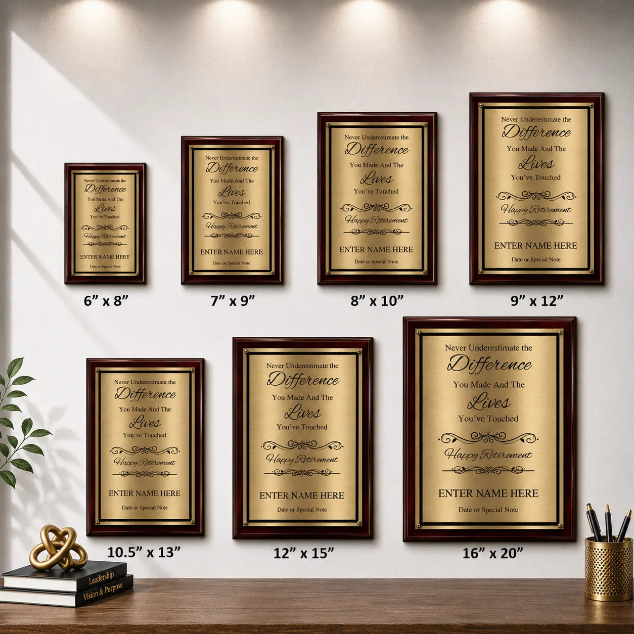 Never Underestimate the Difference You Made Classic Retirement Plaque - 4 Frame Colors - Brushed Silver & Gold Plate Options