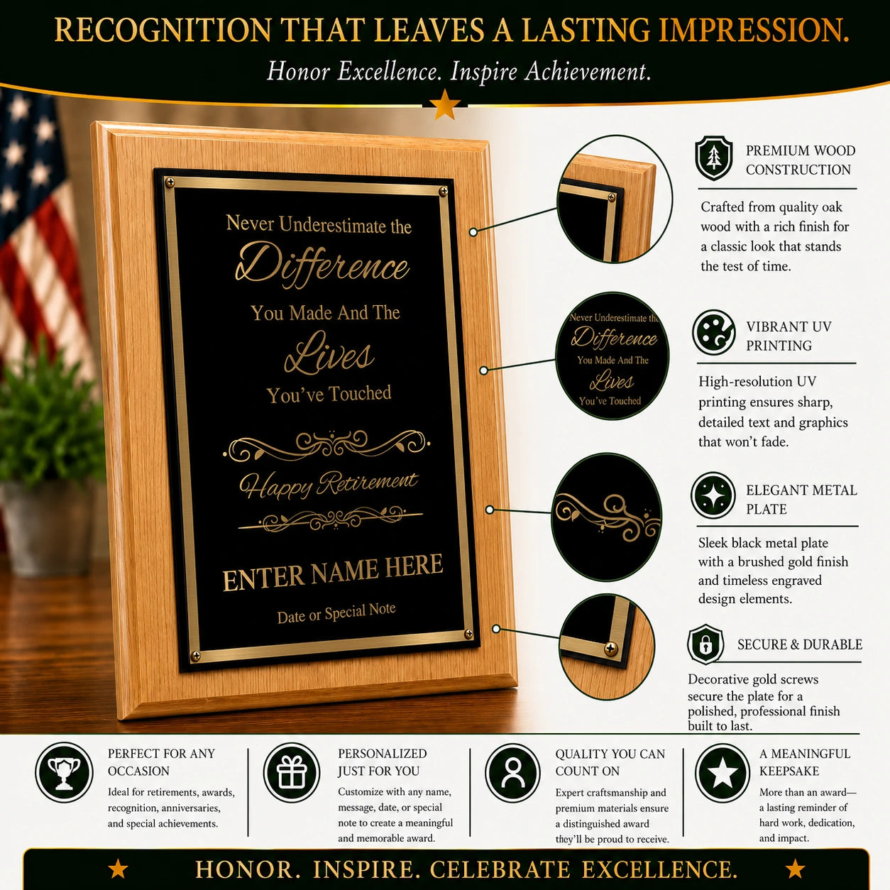 Never Underestimate the Difference You Made Classic Retirement Plaque - 4 Frame Colors - Silver & Gold Plate Options