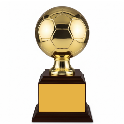Soccer Tournament Trophies - Gold Ball on a Wooden Base, 9" and 16"