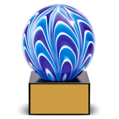 Two-Tone Blue & White Sphere Art Glass 5" - Engraved Plate