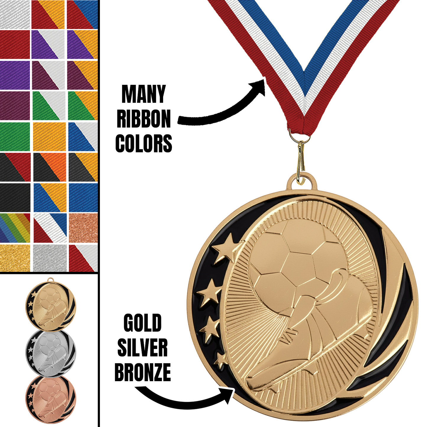 MidNite Star Soccer Medal – Gold, Silver & Bronze with 40 Ribbon Options