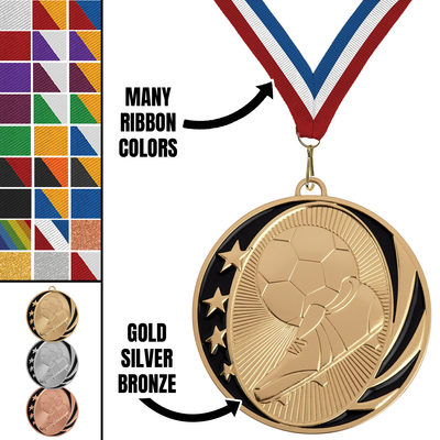 MidNite Star Soccer Medal – Gold, Silver & Bronze with 40 Ribbon Options