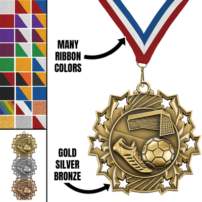 2.25" 10 Star Soccer Medal – Gold, Silver & Bronze with 30 Ribbon Options