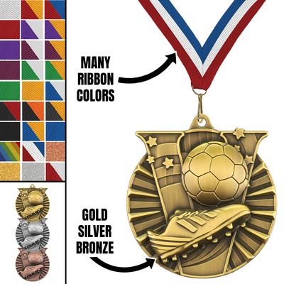 2" Victory Soccer Medal – Gold, Silver & Bronze with Custom Ribbons in 30 Colors