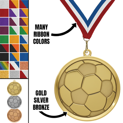 2.25" Soccer Mega Medal – Gold, Silver & Bronze with 30 Ribbon Options
