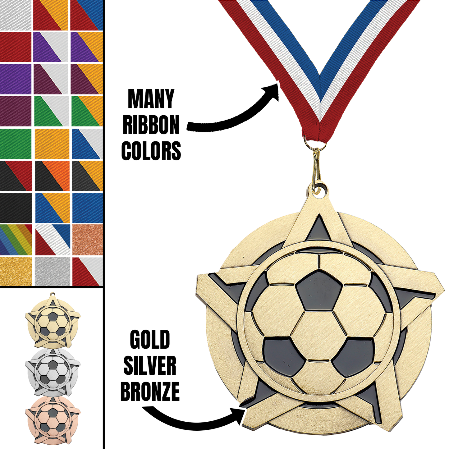 2.25" Soccer Star Medal – Gold, Silver & Bronze with 30 Ribbon Options