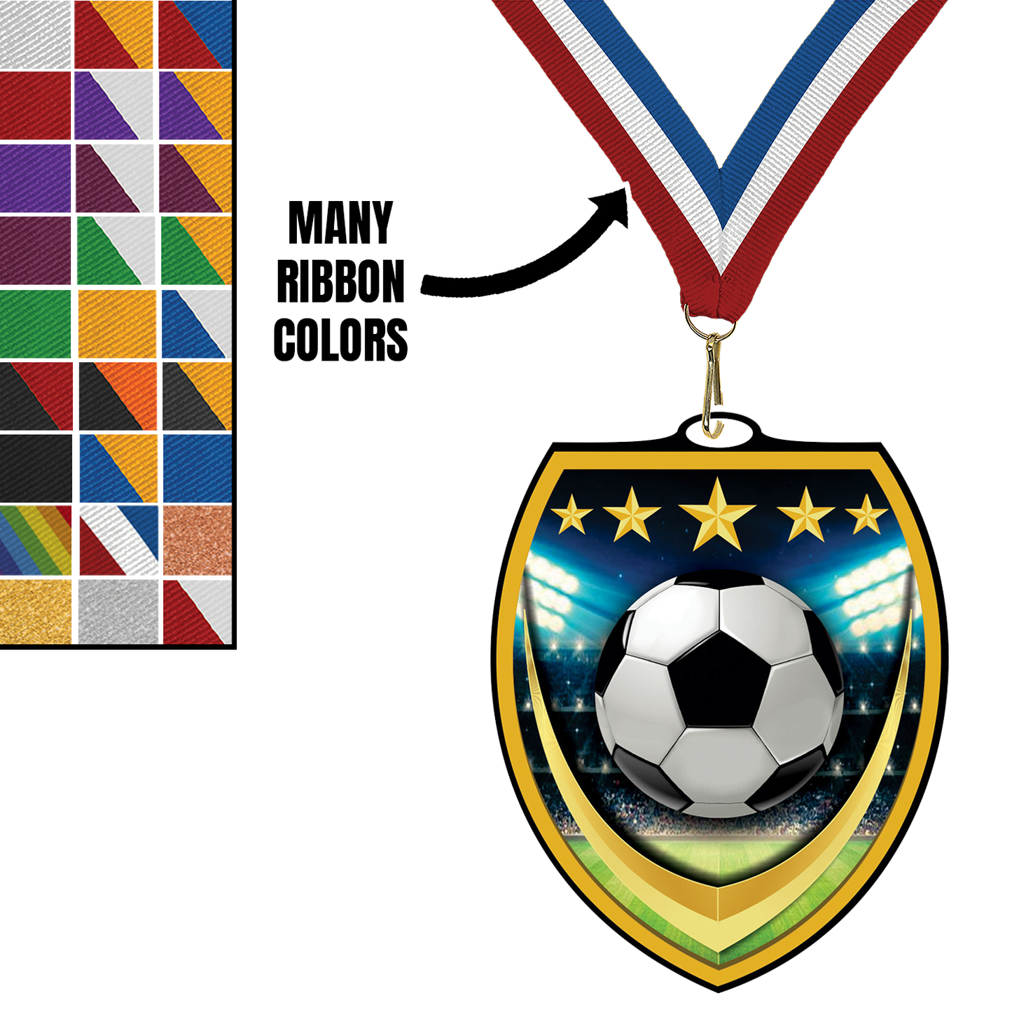 3 1/4" VSM Soccer Medal – Gold, Silver & Bronze with 30 Ribbon Options