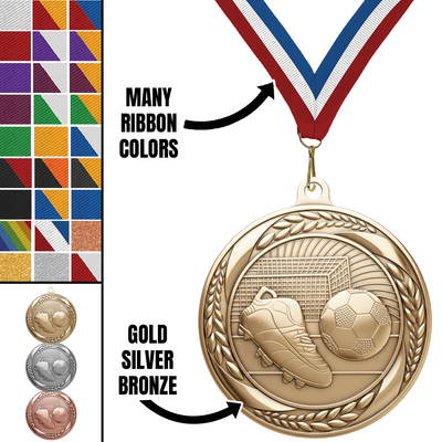 2.25" Laurel Wreath Soccer Medal – Gold, Silver & Bronze with 30 Ribbon Options