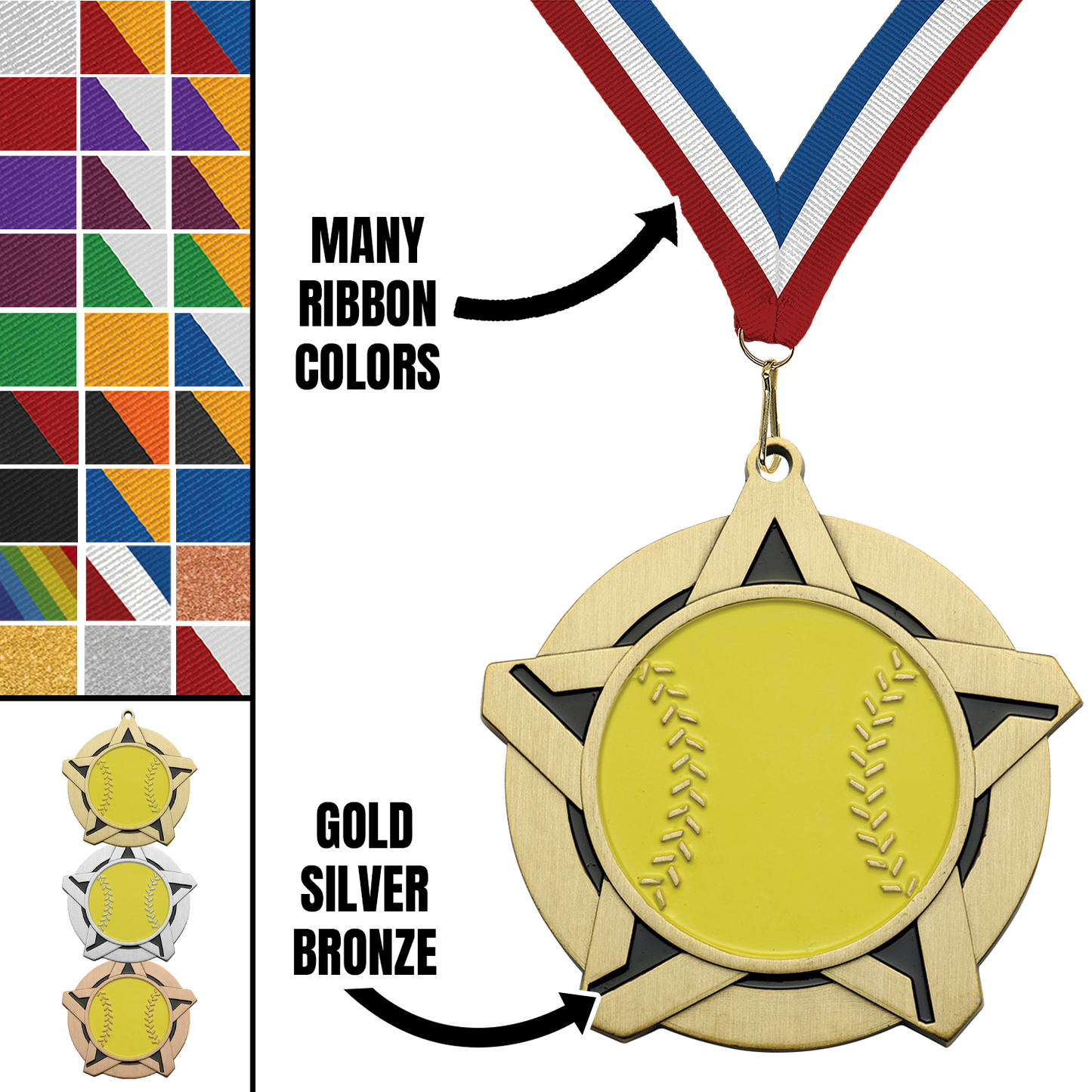 2.25" Softball Star Medal – Gold, Silver & Bronze with 30 Ribbon Options